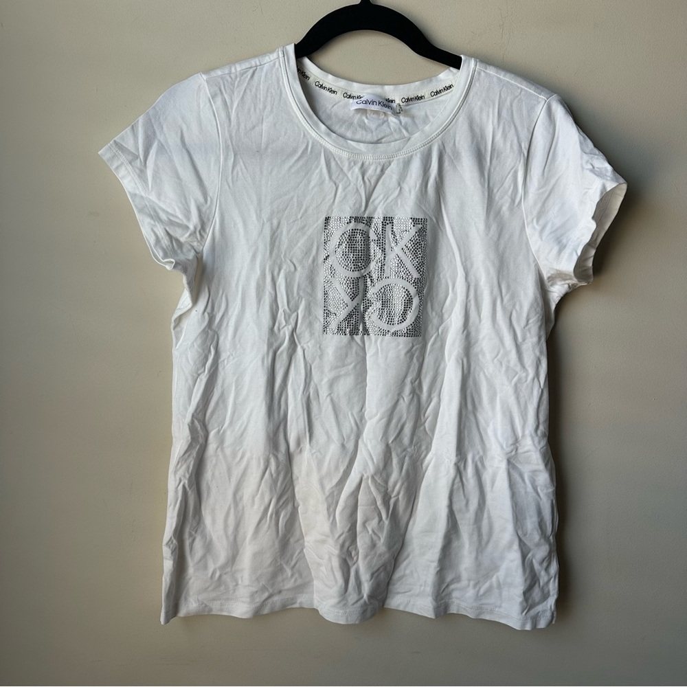 Calvin Klein Women’s White Rhinestone Bling Short Sleeve T-Shirt S Casual Chic
